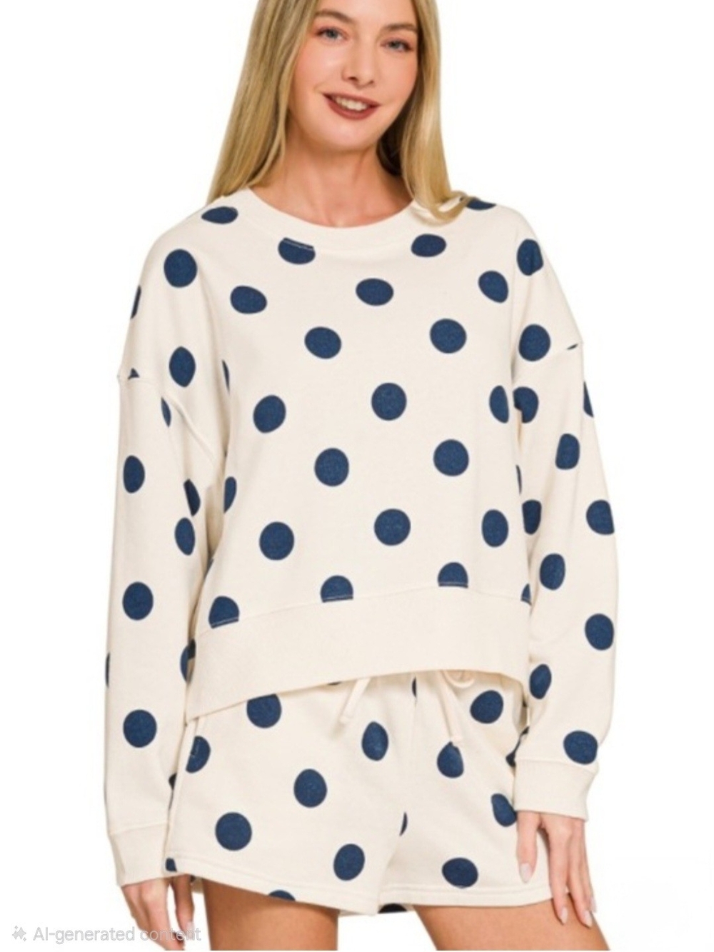 Zenana Cream Navy Blue Polka Dot Short Set